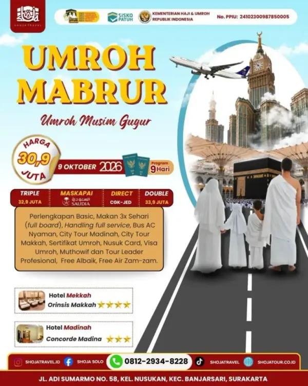 Poster Jadwal Umroh Mabrur — Direct CGK-JED, Rp 32,9 jt